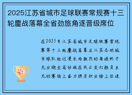 2025江苏省城市足球联赛常规赛十三轮鏖战落幕全省劲旅角逐晋级席位