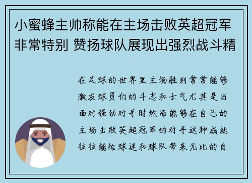 小蜜蜂主帅称能在主场击败英超冠军非常特别 赞扬球队展现出强烈战斗精神 小蜜蜂主帅称能在主场击败英超冠军非常特别 赞扬球队展现出强烈战斗精神